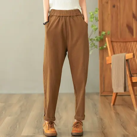 dza 高腰显瘦纯色哈伦裤子女秋冬纯棉长裤宽松阔腿直筒裤休闲女裤商品大图