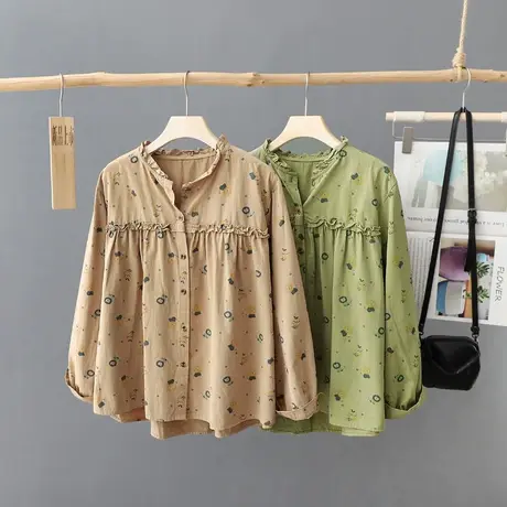 2024女装新款秋季田园小碎花上衣女式长袖宽松短款立领法式衬衫女商品大图