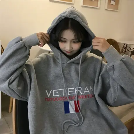 连帽卫衣女2019新款秋冬韩版宽松bf慵懒风加绒加厚ins超火cec外套商品大图