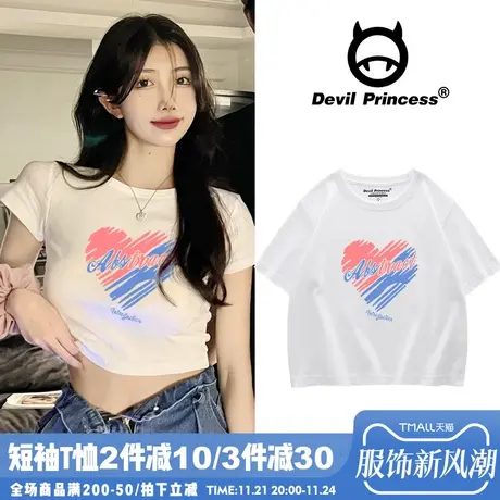 卡通印花纯棉t恤女露脐甜酷风短袖2024夏季ins小众高腰显瘦上衣潮商品大图