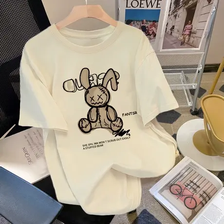 港风胖mm大码女装t恤短袖夏季百搭款纯棉ins潮韩系慵懒风休闲上衣商品大图