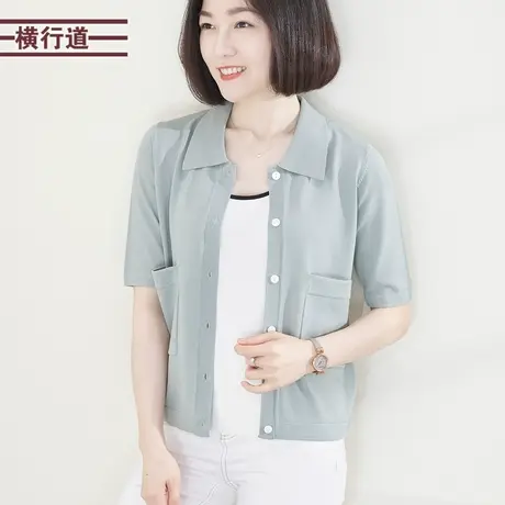 翻领双口袋中袖针织开衫2025新款宽松五分袖纯色外穿小衫显瘦女衣商品大图