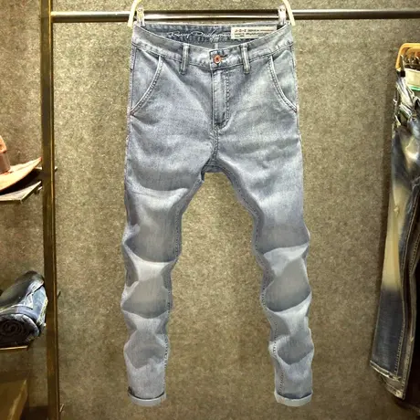 春季男生牛仔裤修身弹力小脚裤2024新款浅蓝色ins潮牌百搭长裤子商品大图