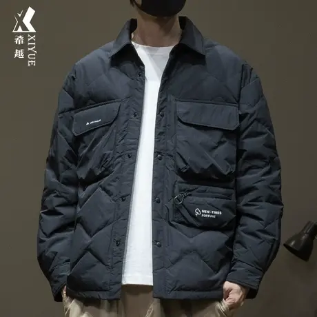 新国标90%鸭绒羽绒服男秋冬宽松大码ins潮流菱形格工装男款外套薄商品大图