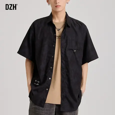 男士休闲短袖衬衫男夏季薄款黑色衬衣高级感2023年新款宽松五分袖商品大图