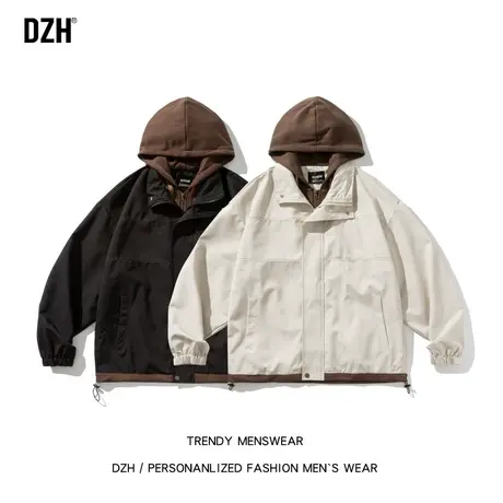 男士连帽假两件外套男春秋款潮牌男装2023新款春装衣服工装夹克男商品大图