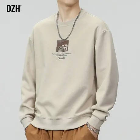 男士杏色美式卫衣男圆领潮牌秋季男装2024新款休闲长袖外套高级感商品大图