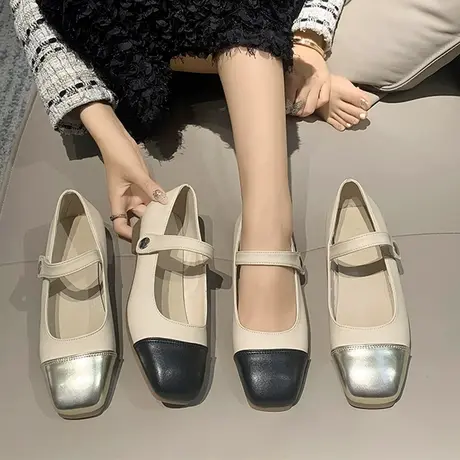 小香风拼色法式玛丽珍鞋女2023春秋新款一字带圆头平底芭蕾舞单鞋商品大图