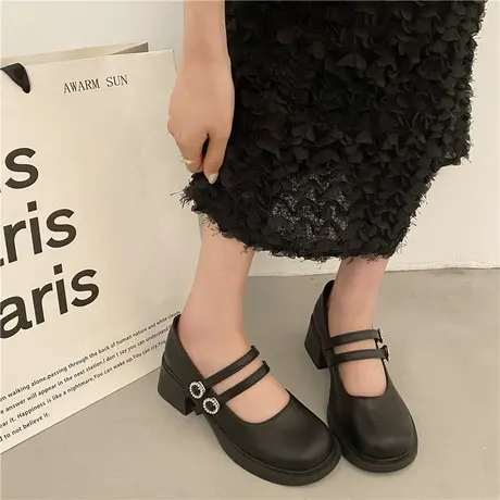 法式粗跟玛丽珍单鞋女2024春季新款复古浅口增高厚底日系jk小皮鞋商品大图