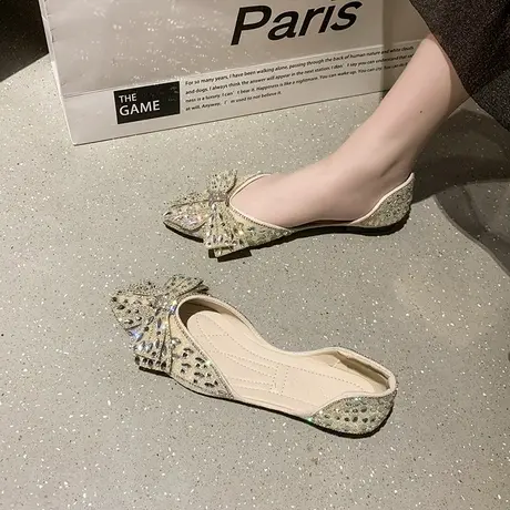 法式单鞋女夏2024年新款水钻蝴蝶结尖头平底鞋ins潮休闲时尚凉鞋商品大图