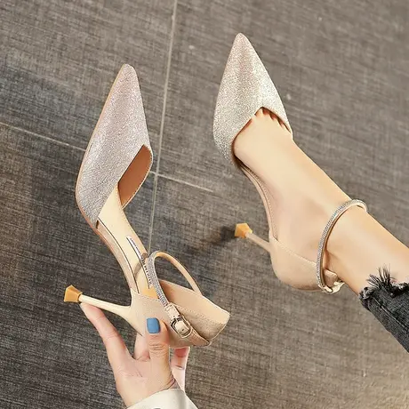 高跟鞋女2024年新款细跟性感水钻中空一字带婚鞋百搭法式伴娘单鞋商品大图