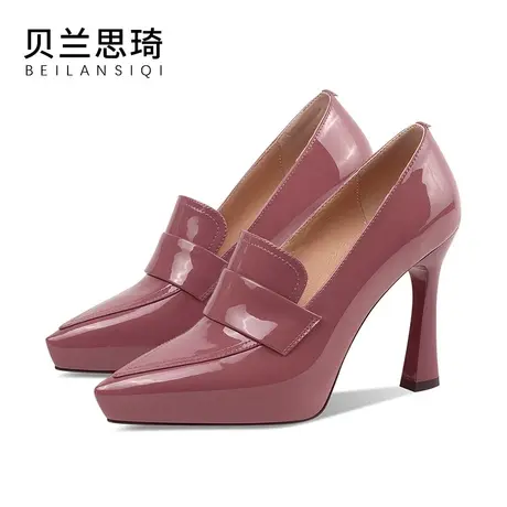 真皮尖头中口细跟单鞋女2025春秋季新款牛漆皮防水台高跟鞋商品大图