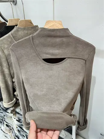 扎染镂空半高领打底衫女修身2023秋冬装加绒加厚软糯羊绒针织上衣商品大图