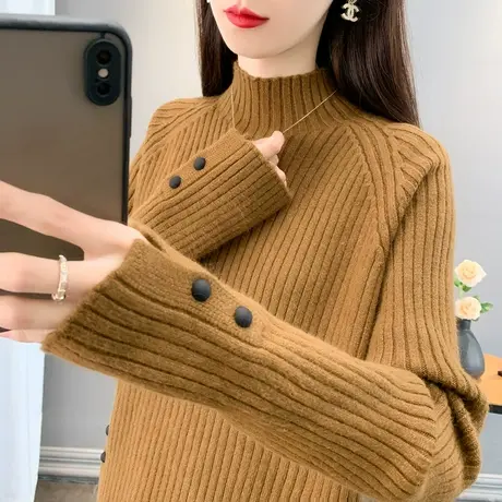 半高领毛衣女秋冬毛衣2024新款套头宽松洋气针织打底衫毛衣女加厚商品大图