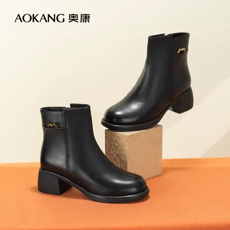 奥康女鞋 冬季新款短靴时尚粗跟加绒保暖瘦瘦靴气质优雅百搭图片