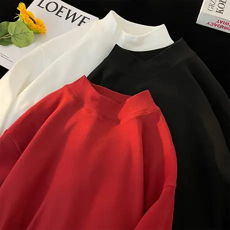 半高领德绒打底衫男春秋季2024新款针织衫保暖情侣纯色套头内搭潮商品大图