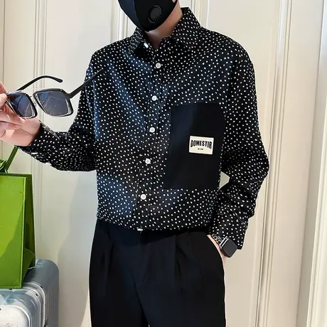 韩版INS宽松波点长袖衬衫秋季痞帅发型师上衣潮男休闲设计感衬衣商品大图