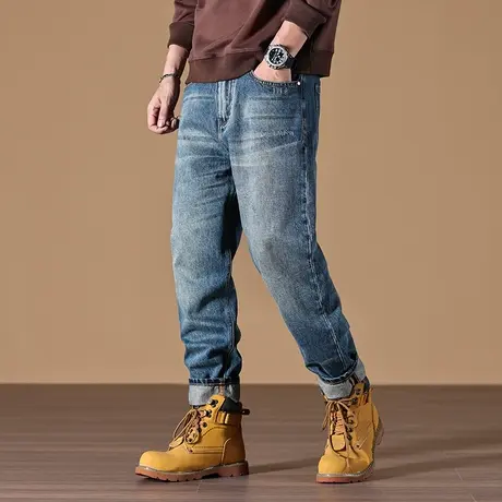 百搭直筒牛仔裤宽松美式高街牛仔裤水洗做旧高档牛仔裤休闲男长裤商品大图