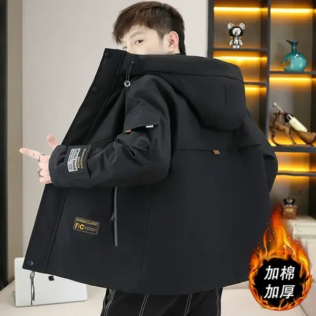 工装夹克男潮牌秋冬加绒加厚连帽棉服外套男青少年户外保暖冲锋衣商品大图