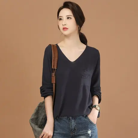 韩潮袭人V领长袖针织衫女2024春季新款休闲显瘦遮肉打底衫毛衣图片