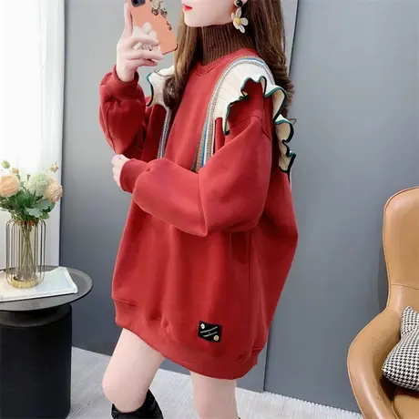 加绒加厚高领卫衣女中长款2023新款秋冬宽松洋气减龄甜美外套上衣商品大图