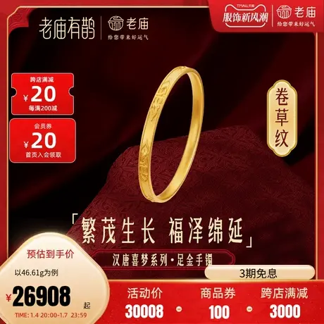 老庙有鹊黄金足金999汉唐文化卷草纹小圆满手镯固口古法三金婚嫁商品大图