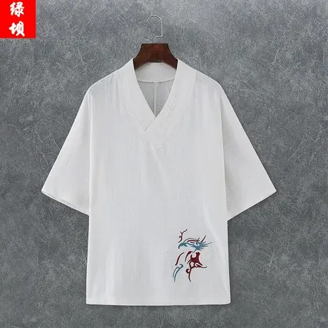 夏季男T恤亚麻衣服唐装青年刺绣改良汉服交领半袖中国风宽松服装图片