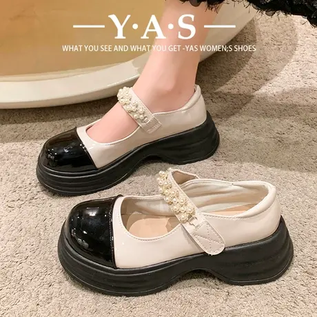 法式复古小香风单鞋女2024新款春季厚底粗跟拼色玛丽珍小皮鞋潮商品大图