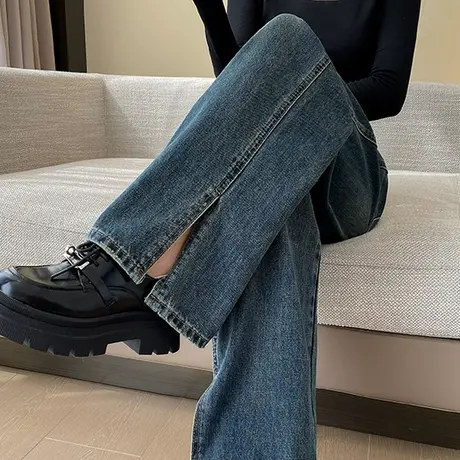 高腰复古开叉阔腿牛仔裤女春秋新款美式显瘦垂感直筒窄版拖地裤子商品大图