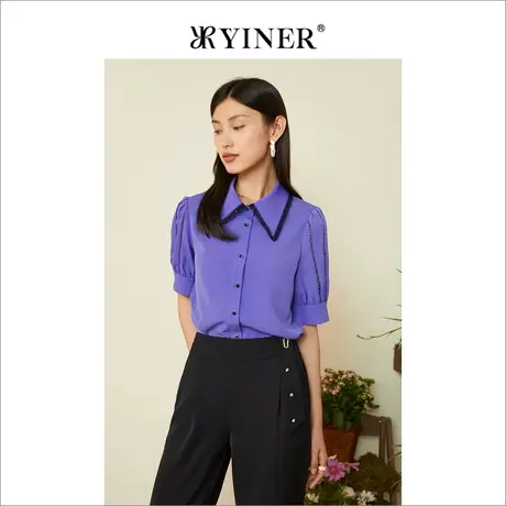 YINER音儿线上专选女装2022夏季娃娃领polo衬衫泡泡袖衬衣商品大图
