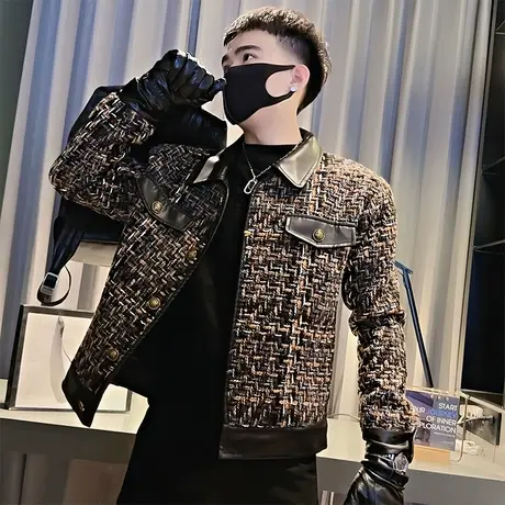 复古小香风编织拼皮夹克男春季2024新款潮牌痞帅短款夜店外套上衣商品大图