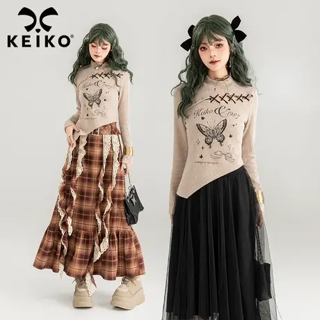 KEIKO 复古蝴蝶印花绑带针织上衣2024春季甜辣不规则修身显瘦小衫图片