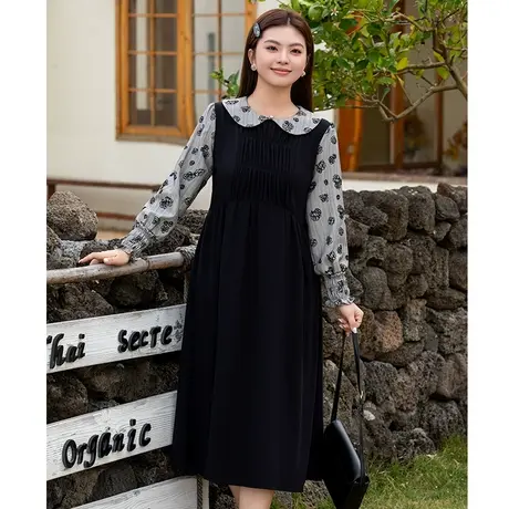 2024年秋装新款娃娃领拼接假两件显瘦气质复古大码胖MM长袖连衣裙图片