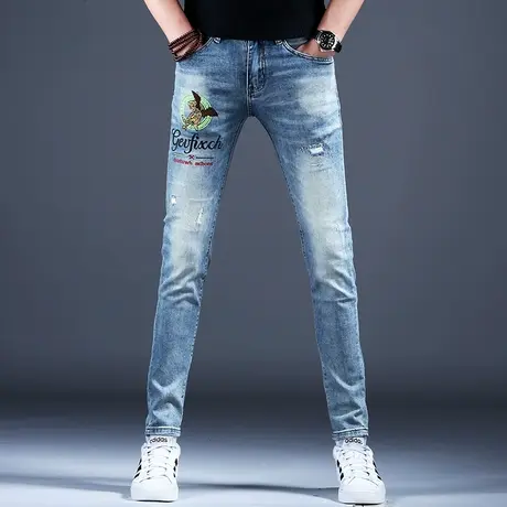 男士新款牛仔裤子男款美式高街修身刺绣小脚浅色弹力破洞补丁百搭商品大图