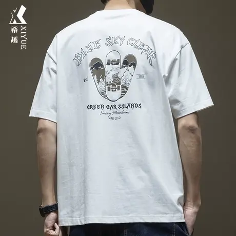 希越国潮滑板短袖t恤男2024春季260g重磅宽松大码男士休闲打底衫商品大图
