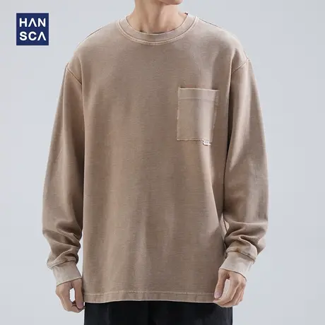 hansca 纯棉长袖t恤男美式重磅春季新款潮牌复古休闲圆领条纹上衣图片