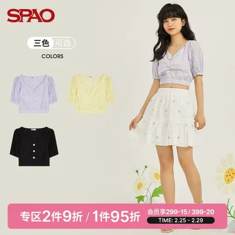 SPAO女士雪纺衫夏季新款时尚休闲百搭格子纯色短款上衣SPBBB25S57图片