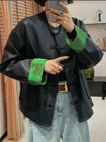 2024春季新款新中式皮衣外套女高级感拼色减龄国风皮夹克上衣潮商品大图