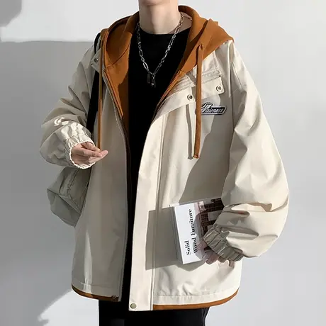 假两件外套男春秋季新款潮牌宽松连帽夹克男装青少年户外冲锋衣服图片