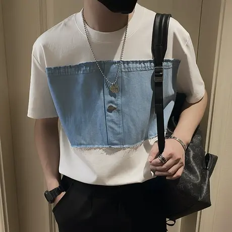 夏季潮牌拼接短袖T恤男ins设计感重磅高街痞帅男装t恤半截袖体恤商品大图