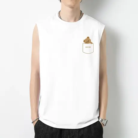 重磅纯棉白色背心男潮夏季宽松运动健身坎肩跨栏篮球小熊无袖t恤商品大图