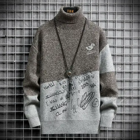 2023新款高领毛衣男冬季加绒加厚毛线衣青少年学生韩版潮流针织衫商品大图