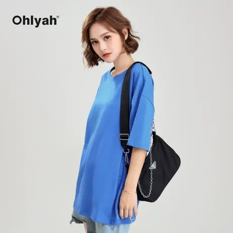 Ohlyah品牌 韩版oversize短袖克莱因蓝t恤女纯棉休闲百搭中长款女图片