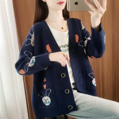 春装2023新款女外套韩版学生宽松慵懒风卡通加厚网红针织开衫毛衣图片