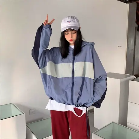 防晒衣女2021新款夏装韩版初中高中学生宽松百搭拼色大码薄外套女商品大图