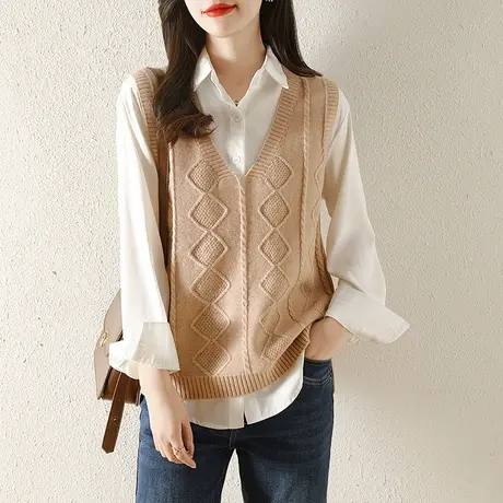 纯色百搭秋装2023新款宽松V领背心针织马甲女士毛衣马夹无袖上衣图片