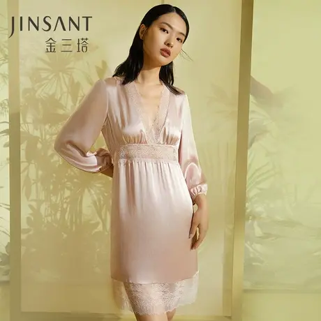 金三塔100%桑蚕丝真丝蕾丝拼接女士时尚V领美背睡裙家居服23新品商品大图