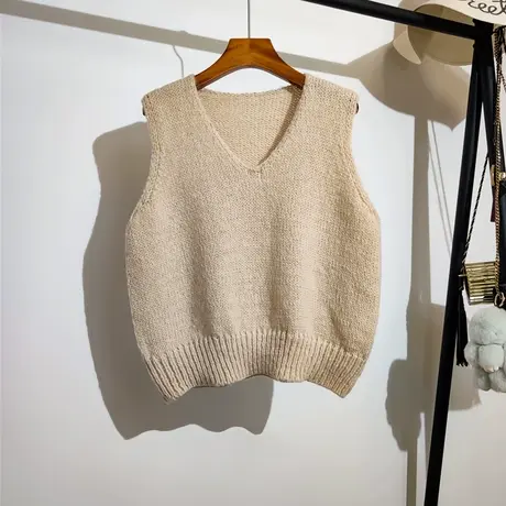 学院风针织马甲女叠穿春秋新款宽松v领纯色百搭无袖毛衣背心外套商品大图