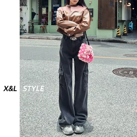 高腰美式工装牛仔裤女春秋2023年新款显瘦直筒宽松垂感阔腿拖地裤图片