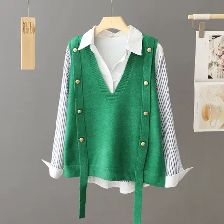 2023秋冬新款休闲外穿针织马甲女绿色上衣韩版毛衣马夹背心小坎肩图片